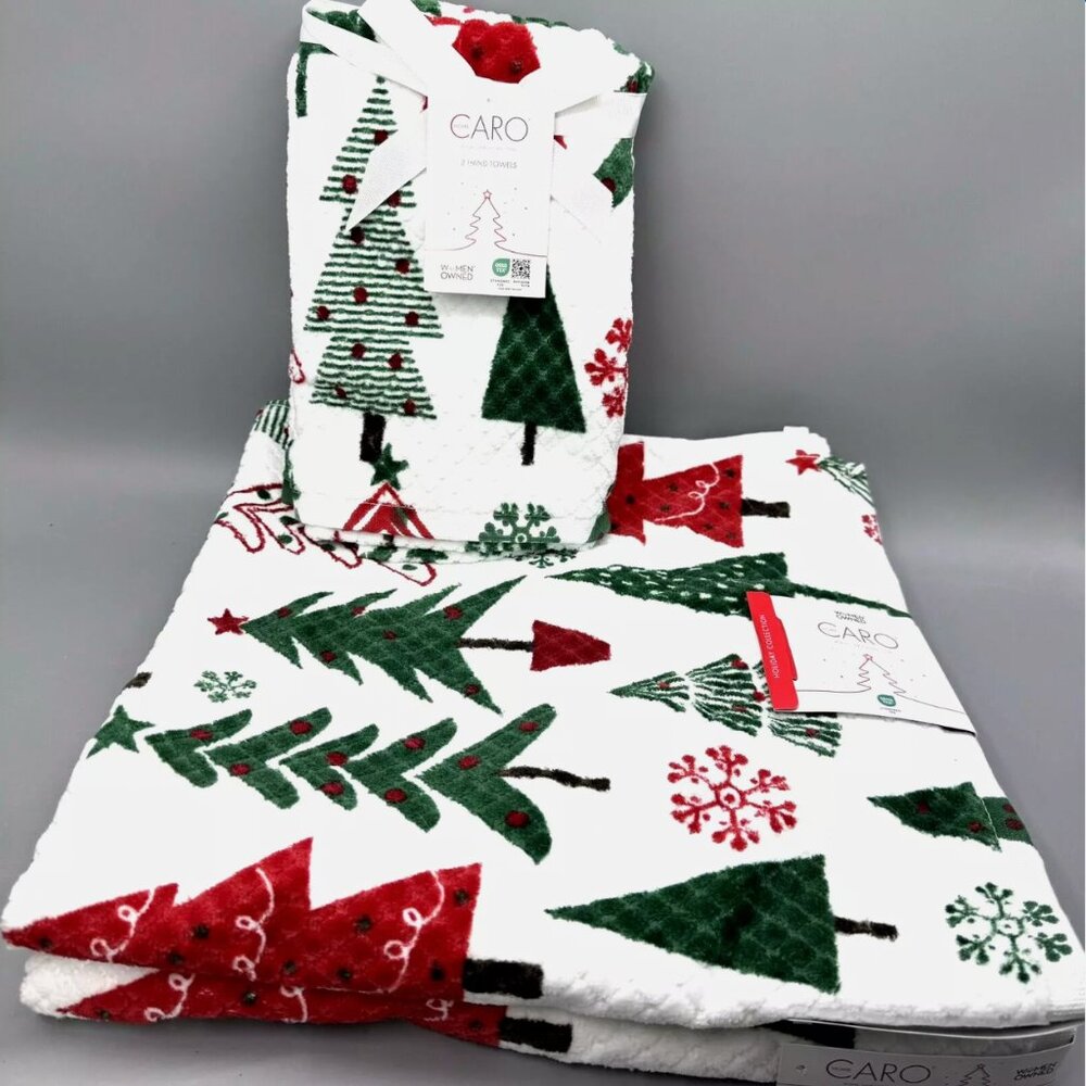 4pc Caro Christmas Tree Snowflake 2 Bath 2 Hand Towel Set Green Red White Cotton